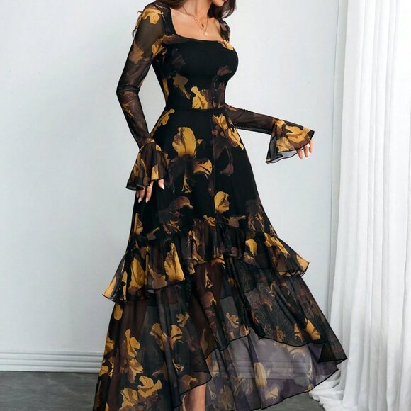 Multicolor Elegant Women's Sexy Romantic Ruffled Long Sleeve Dress - Picture 4 of 6